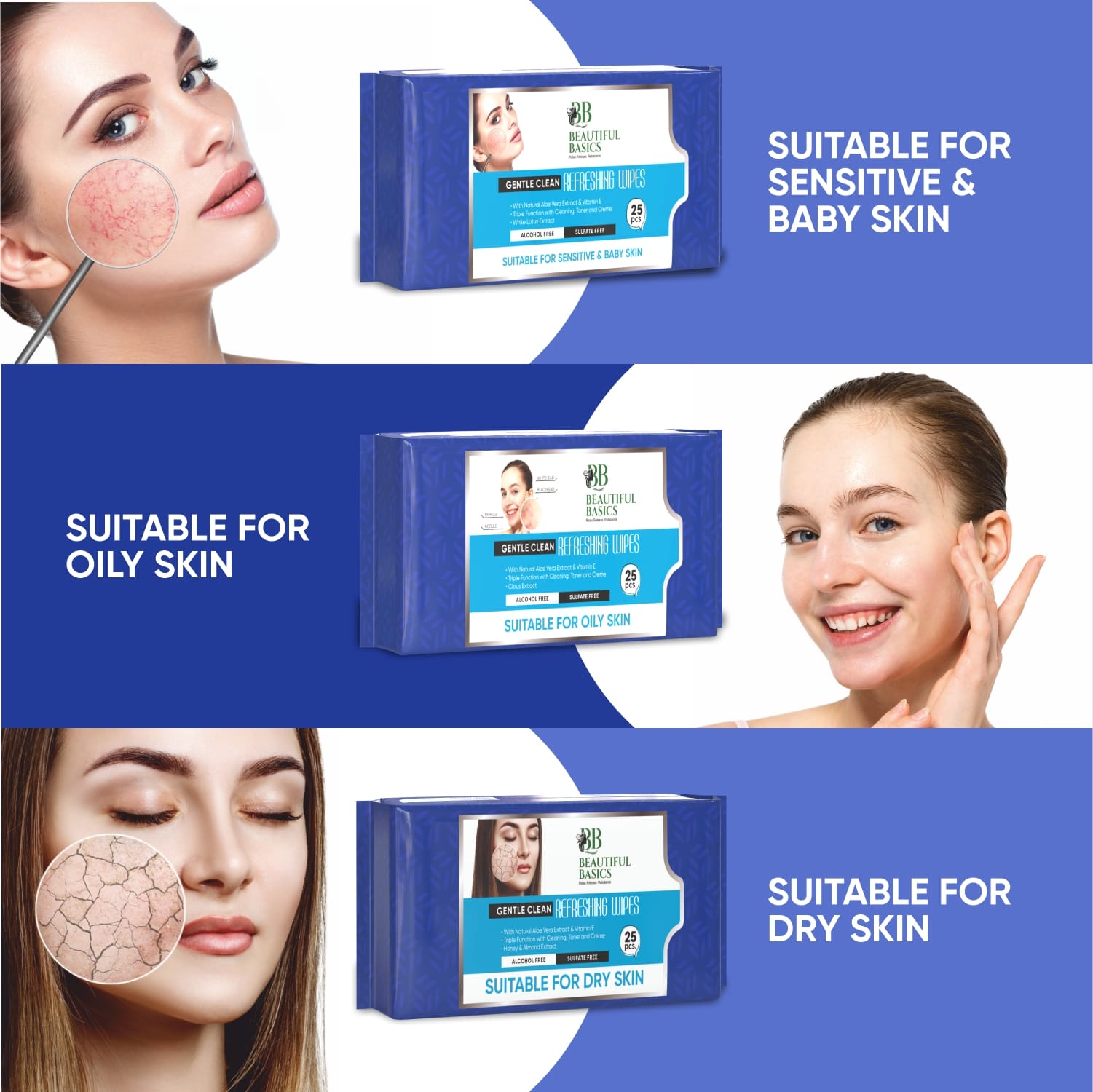 Beautiful Basics Dry Oily Sensitive  Normal Skin Face Wipes (4 Pkts X 100 Pcs Wipes) Beautiful Basics Dry Oily Sensitive  Normal Skin Face Wipes (4 Pkts X 100 Pcs Wipes)